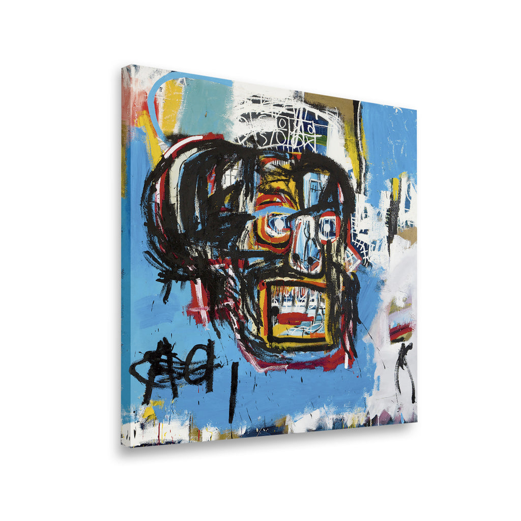 Gallery-wrapped Basquiat-style skull canvas print — side angle showing deep stretcher bars and vivid neo-expressionist detai