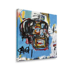 Gallery-wrapped Basquiat-style skull canvas print — side angle showing deep stretcher bars and vivid neo-expressionist detai