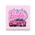 Barbie dream car pink convertible canvas wall art with retro magenta script lettering and teal accents on bubblegum backgrou