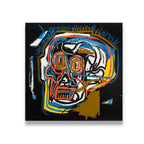 Basquiat-style neo-expressionist skull canvas wall art with red, blue, gold, and black graffiti brushwork on dark background