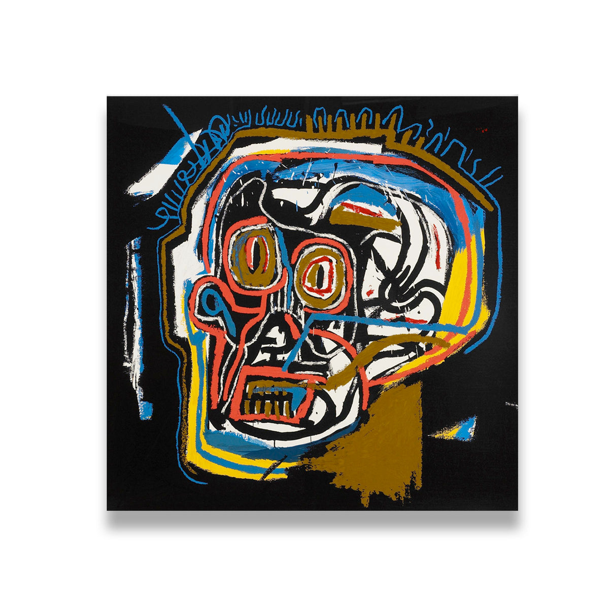 Basquiat-style neo-expressionist skull canvas wall art with red, blue, gold, and black graffiti brushwork on dark background