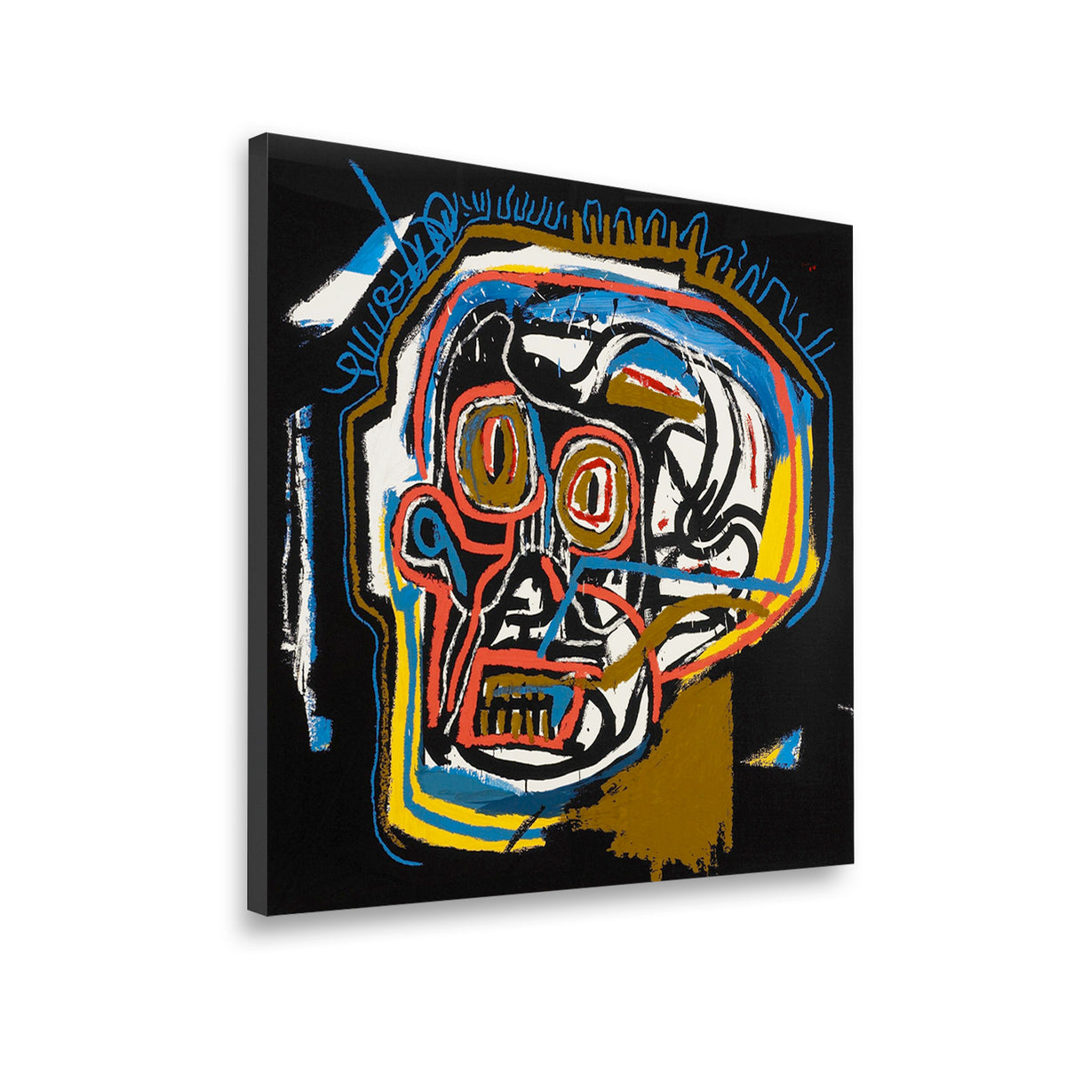 Gallery-wrapped Basquiat-style skull head canvas print, angled view showing deep black frame and vibrant neo-expressionist d
