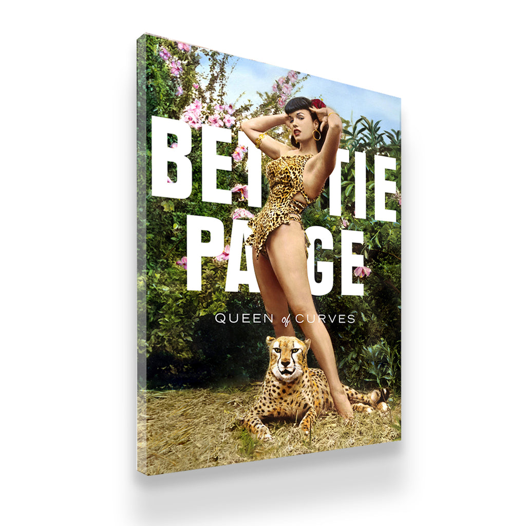 Gallery-wrapped Bettie Page Queen of Curves canvas wall art – bold typographic retro pinup print, side angle view