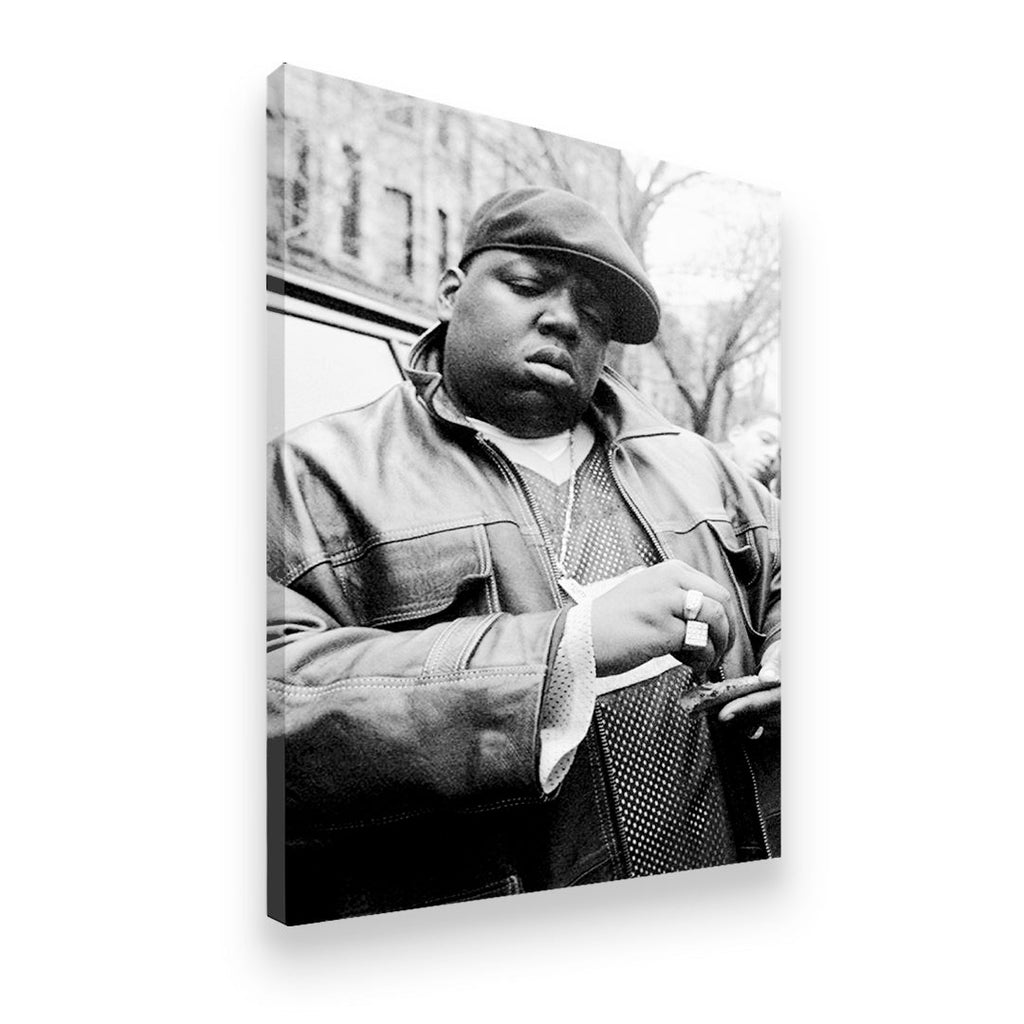 Gallery-wrapped canvas of Notorious B.I.G. on Brooklyn streets — black and white hip-hop portrait wall art by Canvas District
