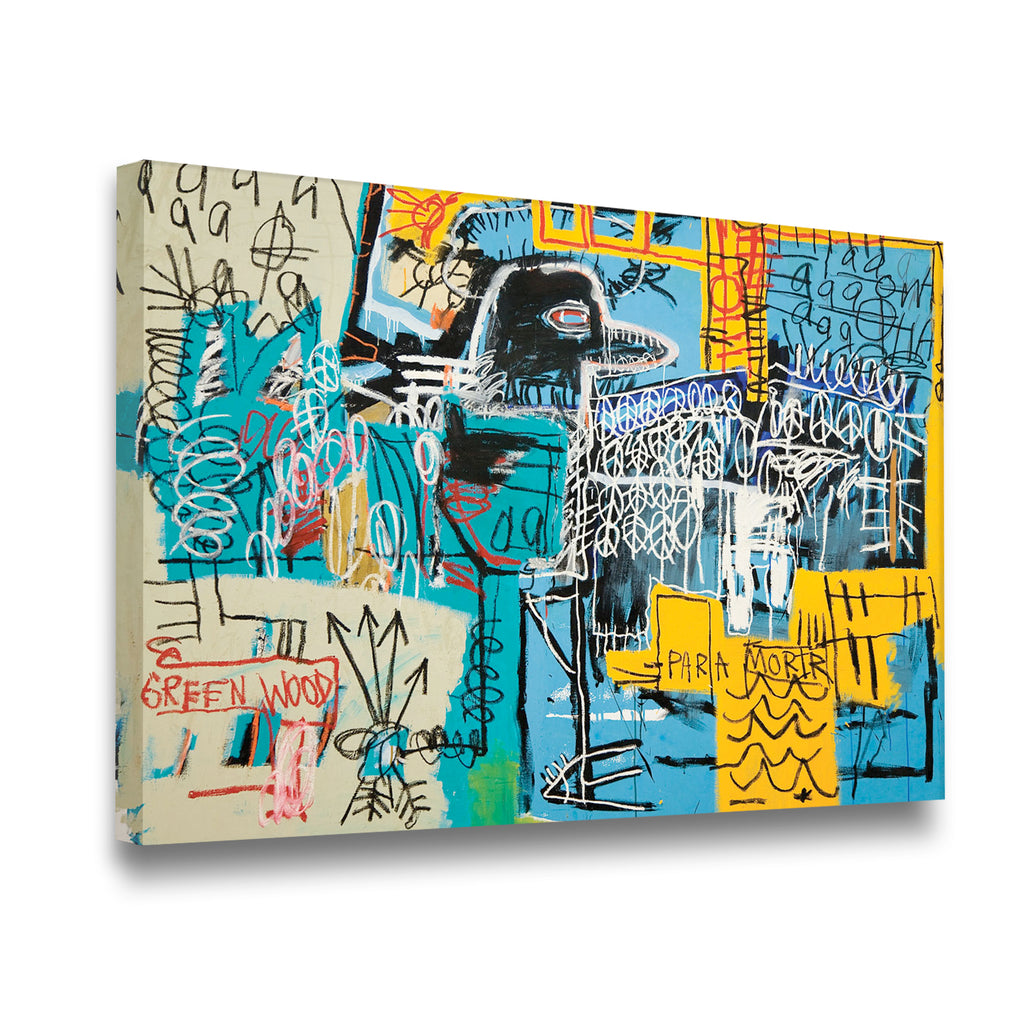 Gallery-wrapped canvas of Basquiat Bird on Money showing angled side depth with vivid Neo-Expressionist graffiti composition