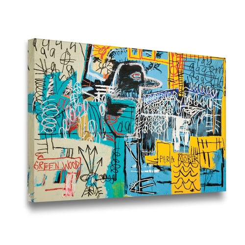 Gallery-wrapped canvas of Basquiat Bird on Money showing angled side depth with vivid Neo-Expressionist graffiti composition