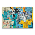 Basquiat Bird on Money canvas wall art print featuring teal, yellow, and skull imagery with Green Wood and Para Morir text