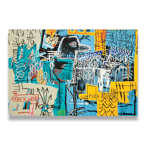 Basquiat Bird on Money canvas wall art print featuring teal, yellow, and skull imagery with Green Wood and Para Morir text