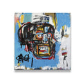 Basquiat-style neo-expressionist skull canvas wall art — bold black brushwork over electric blue, red, and gold color fields