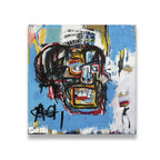 Basquiat-style neo-expressionist skull canvas wall art — bold black brushwork over electric blue, red, and gold color fields