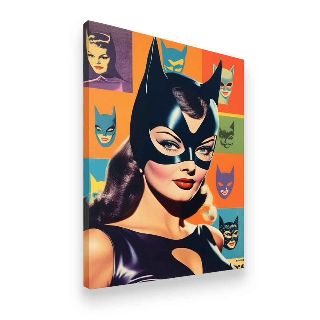 Catwoman Warhol-style pop art canvas side angle showing gallery-wrapped depth and print detail