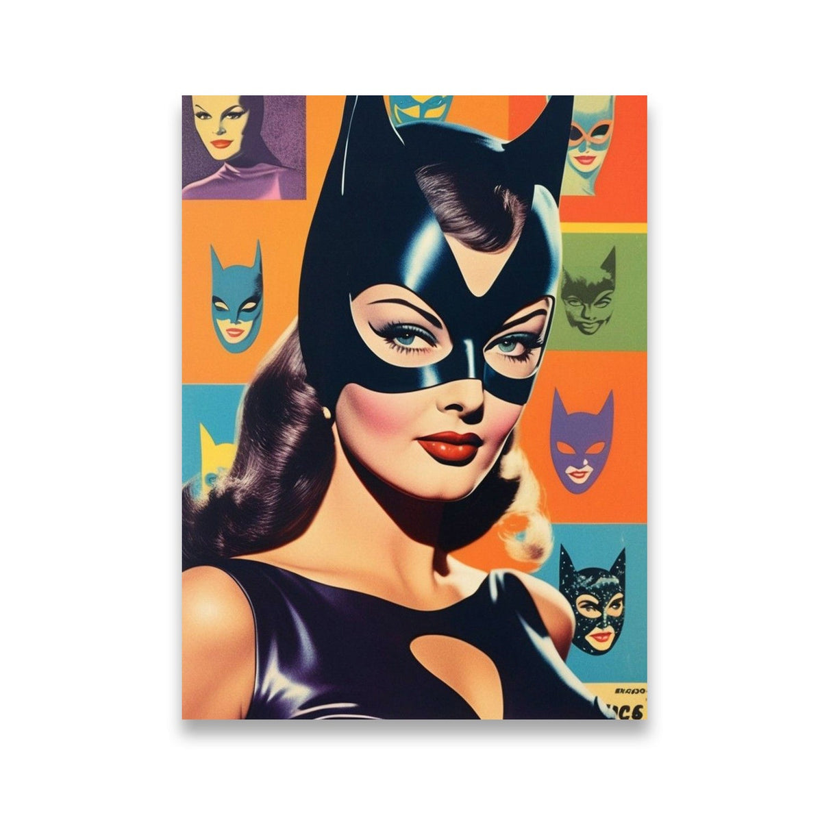 Catwoman Warhol-style pop art canvas front view with masked portrait and colorful retro grid