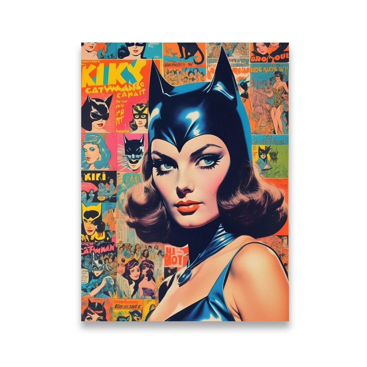 Catwoman vintage comic collage canvas front view with blue latex portrait and retro pulp panels