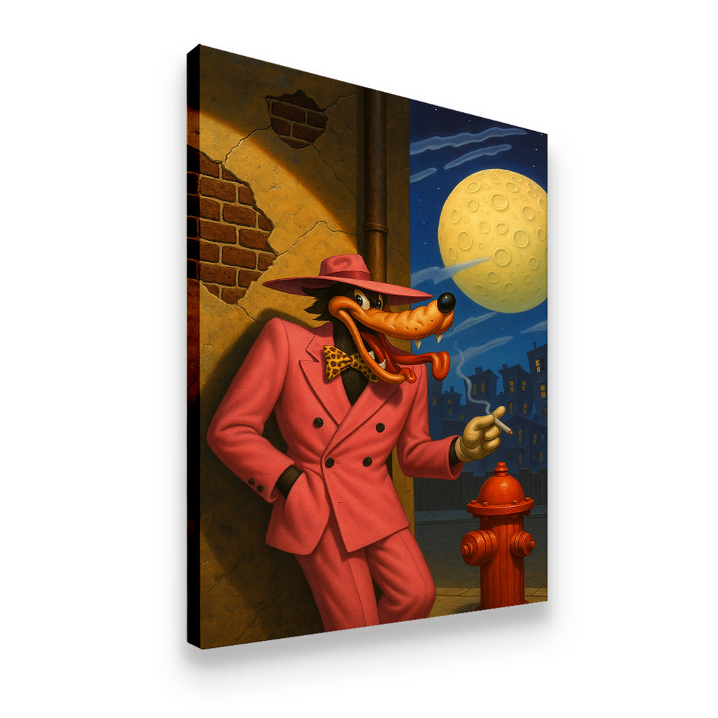 Gallery-wrapped canvas wall art of dapper cartoon wolf in pink double-breasted suit in moonlit city alley