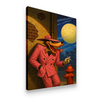 Gallery-wrapped canvas wall art of dapper cartoon wolf in pink double-breasted suit in moonlit city alley