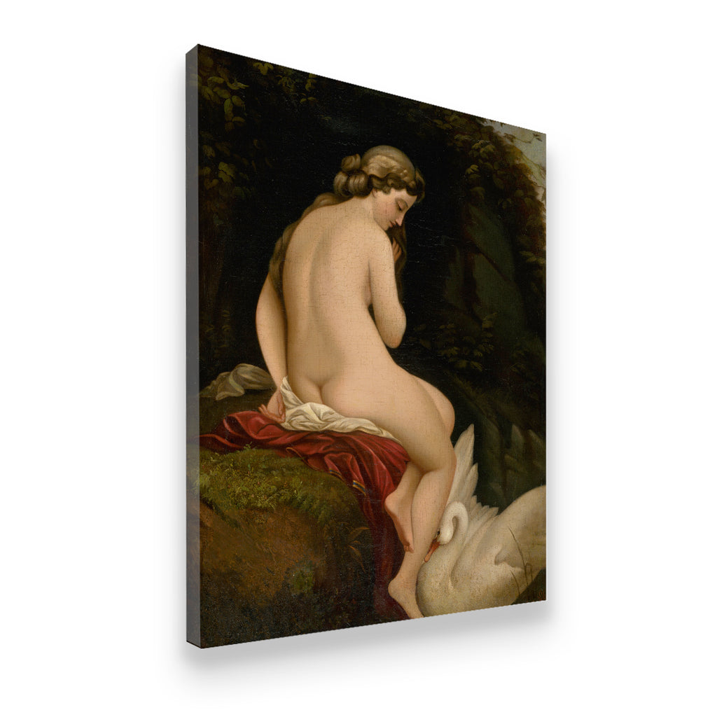 Leda and the Swan premium canvas wall art shown in angled gallery wrap view with deep forest tones