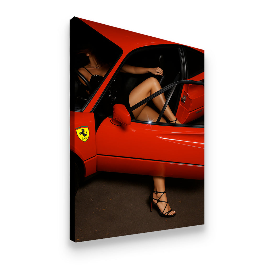 Red Ferrari Luxury Canvas Wall Art side angle showing wrapped canvas depth and print detail
