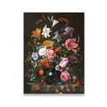 Dutch Golden Age floral still life canvas wall art with roses, lilies, tulips and butterflies in a dark cobalt vase