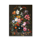 Dutch Golden Age floral still life canvas wall art with roses, lilies, tulips and butterflies in a dark cobalt vase