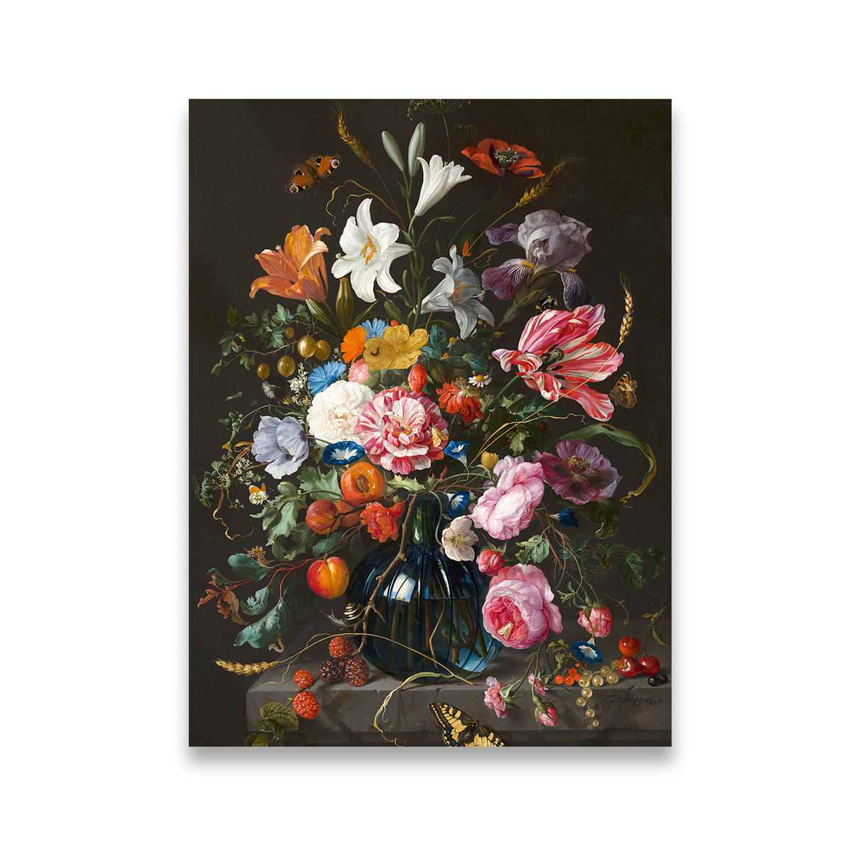Dutch Golden Age floral still life canvas wall art with roses, lilies, tulips and butterflies in a dark cobalt vase