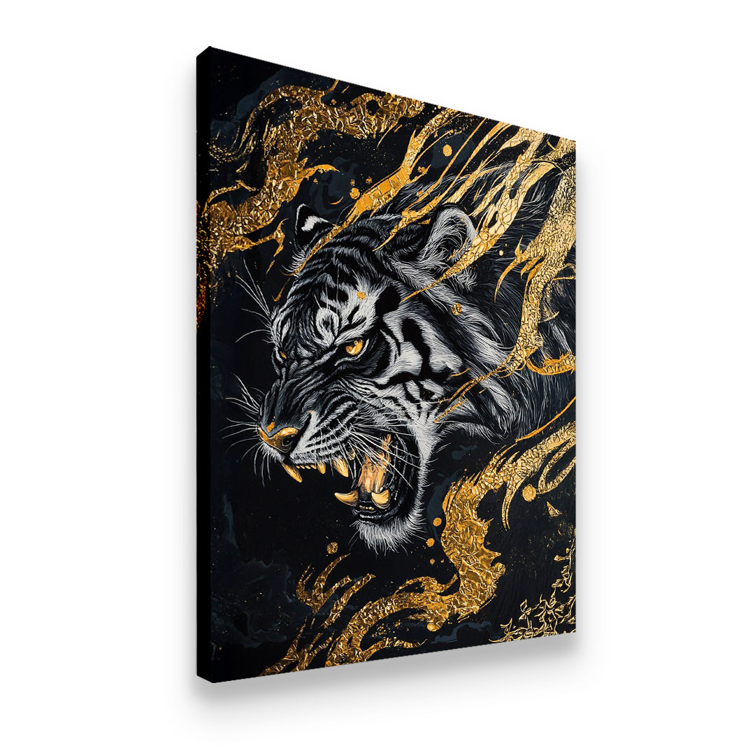 Gallery-wrapped black and gold tiger canvas wall art shown in angled side profile view
