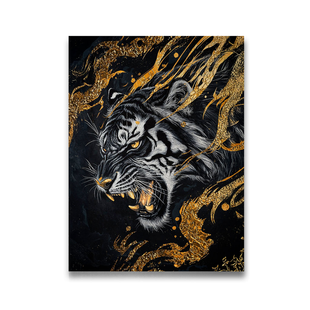 Black and gold roaring tiger canvas wall art with dramatic gold foil accents on dark background