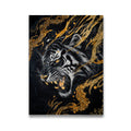 Black and gold roaring tiger canvas wall art with dramatic gold foil accents on dark background
