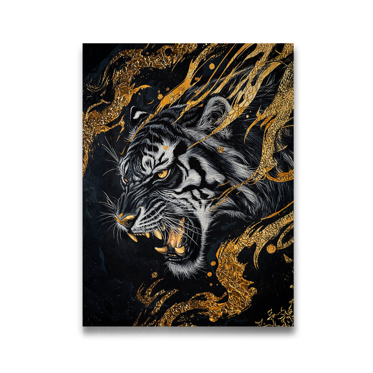 Black and gold roaring tiger canvas wall art with dramatic gold foil accents on dark background