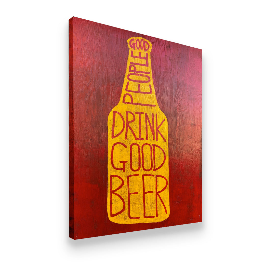 Gallery-wrapped canvas side view of Good People Drink Good Beer art — golden bottle on textured red background, ready to han