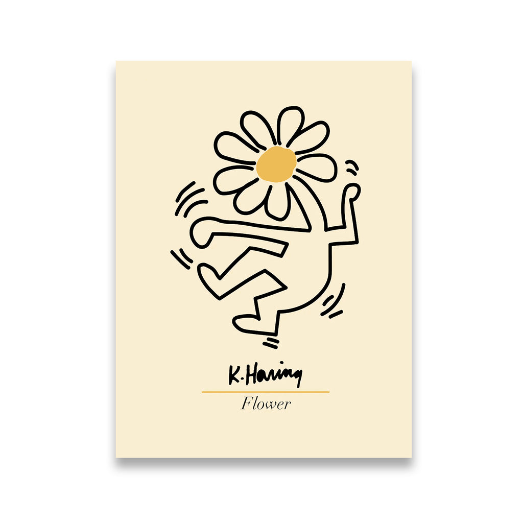 Keith Haring Flower canvas wall art print — dancing figure with daisy head in bold black line work on cream background