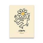 Keith Haring Flower canvas wall art print — dancing figure with daisy head in bold black line work on cream background