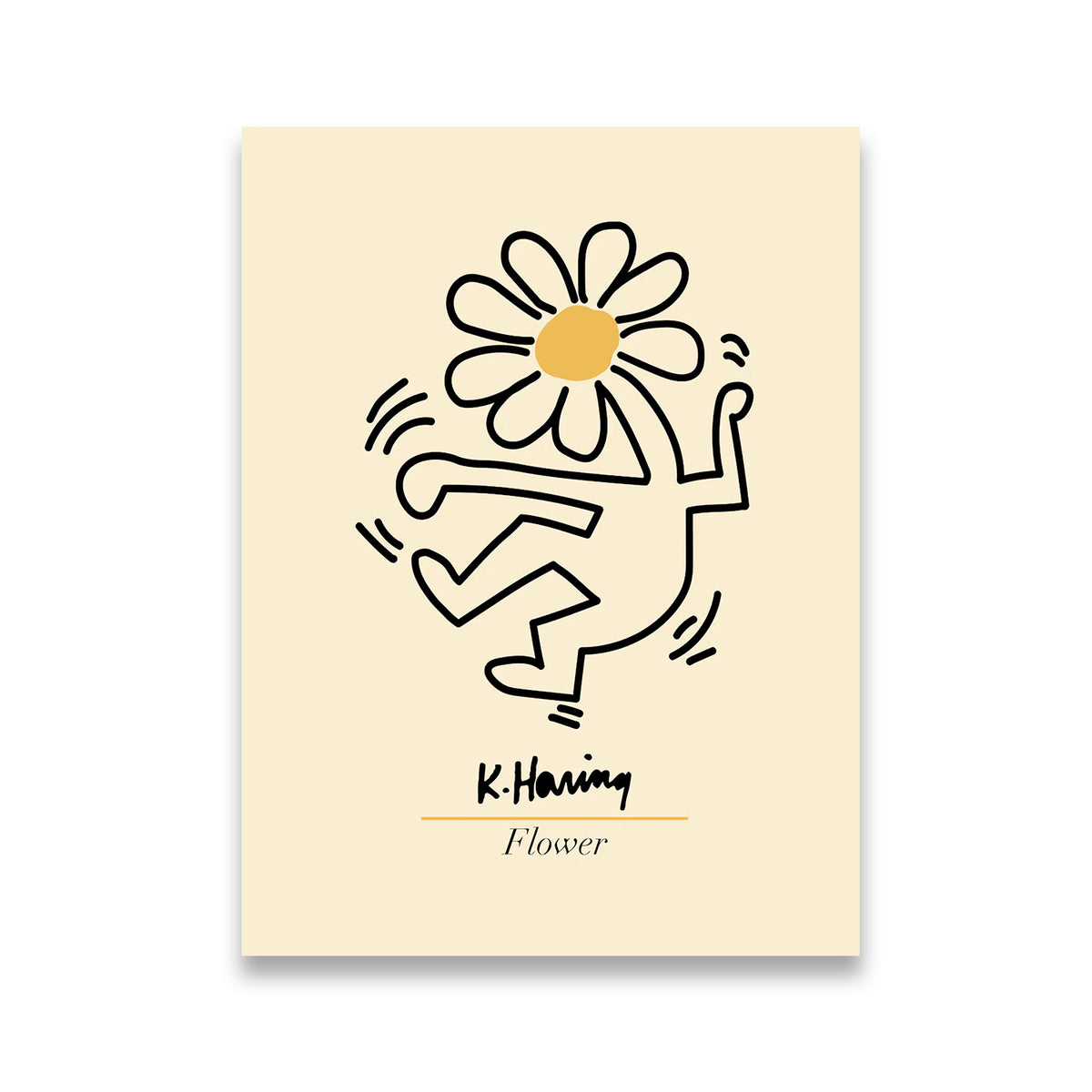Keith Haring Flower canvas wall art print — dancing figure with daisy head in bold black line work on cream background