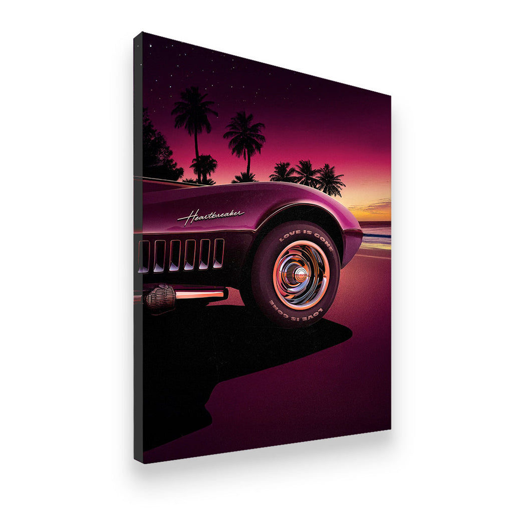 Gallery-wrapped Heartbreaker canvas wall art showing classic car fender and chrome hub cap against a magenta retrowave night sky