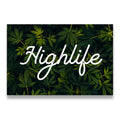 Highlife canvas wall art — white cursive script over deep-green cannabis leaf photography, flat print view