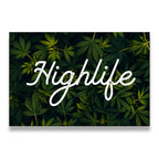 Highlife canvas wall art — white cursive script over deep-green cannabis leaf photography, flat print view