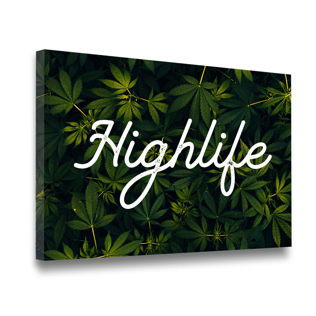 Highlife cannabis leaf typography canvas wall art — gallery-wrapped side angle showing thick wood-frame depth