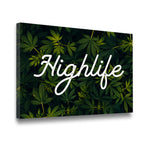 Highlife cannabis leaf typography canvas wall art — gallery-wrapped side angle showing thick wood-frame depth