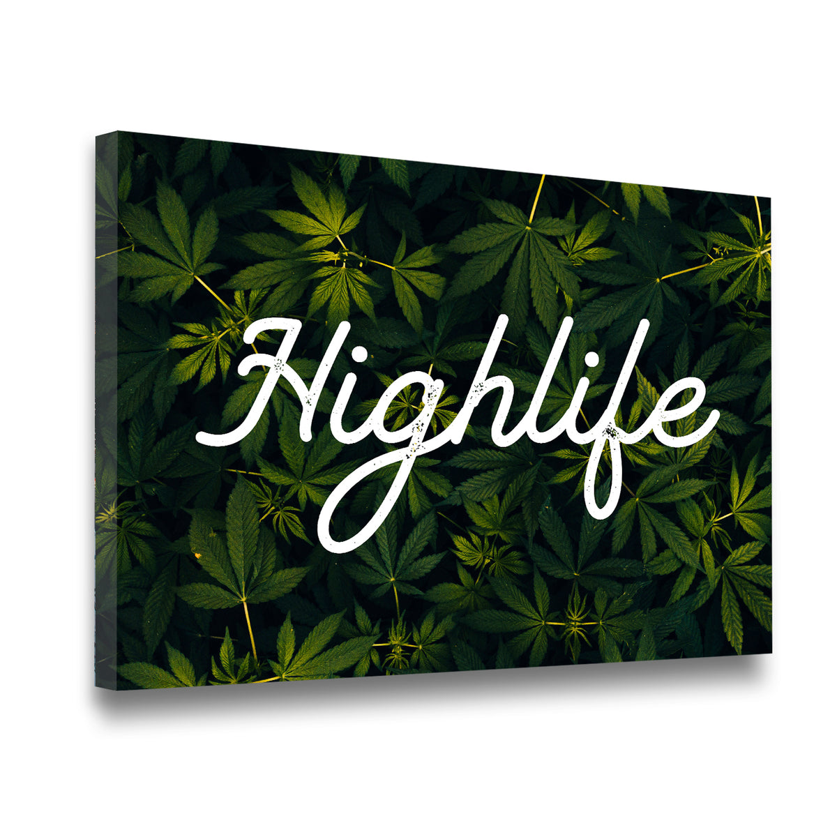 Highlife cannabis leaf typography canvas wall art — gallery-wrapped side angle showing thick wood-frame depth