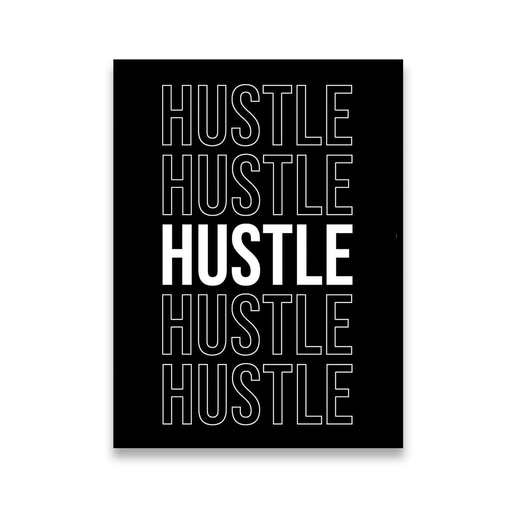 Hustle repeat bold black and white typography canvas wall art — five stacked rows with solid white center word on black background