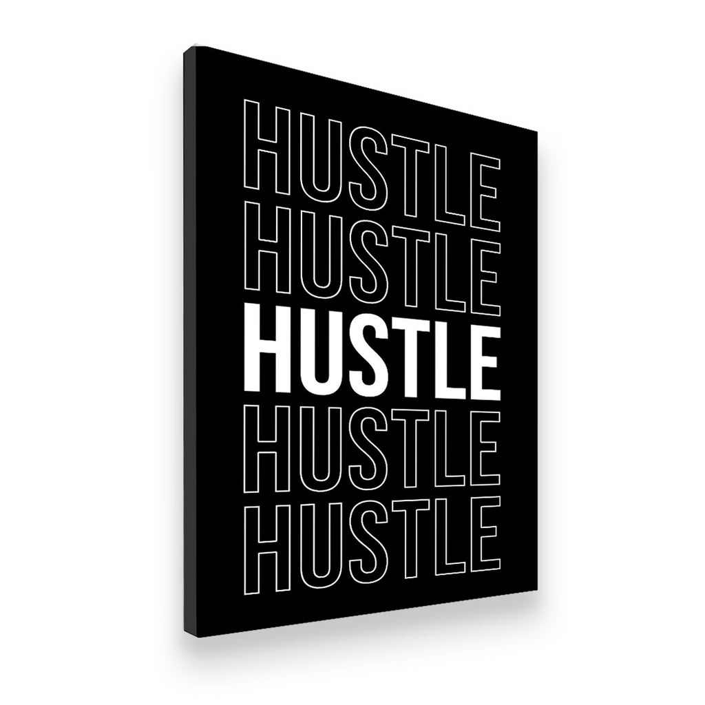 Hustle repeat canvas wall art shown at an angle revealing gallery-wrapped edges — bold typographic motivational wall decor
