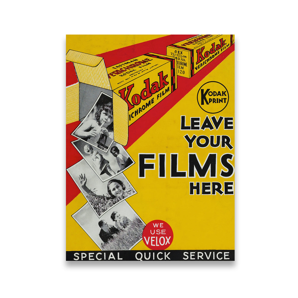 Kodak Verichrome vintage film advertisement canvas wall art with bold yellow and red mid-century graphic design and black-an