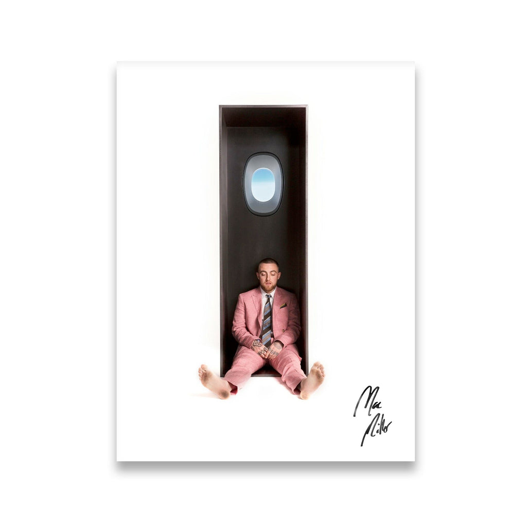 Mac Miller Swimming era canvas wall art — pink suit, barefoot, seated inside a vertical enclosure with airplane window above