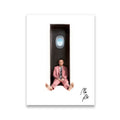 Mac Miller Swimming era canvas wall art — pink suit, barefoot, seated inside a vertical enclosure with airplane window above