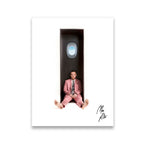 Mac Miller Swimming era canvas wall art — pink suit, barefoot, seated inside a vertical enclosure with airplane window above