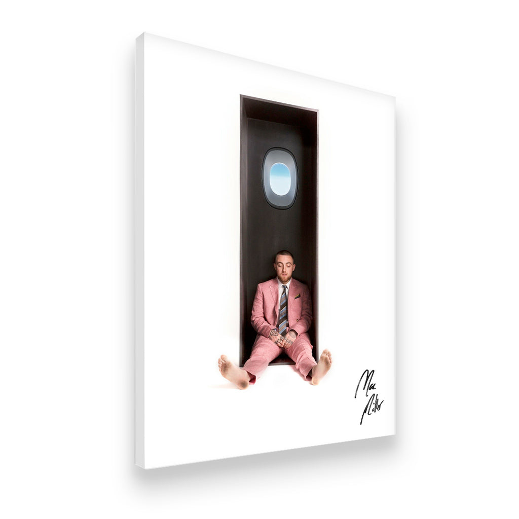 Gallery-wrapped canvas of Mac Miller in pink suit from Swimming era, side view showing depth of premium canvas print