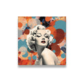 Marilyn Monroe pop art collage canvas wall art with teal and orange circle backdrop, front view