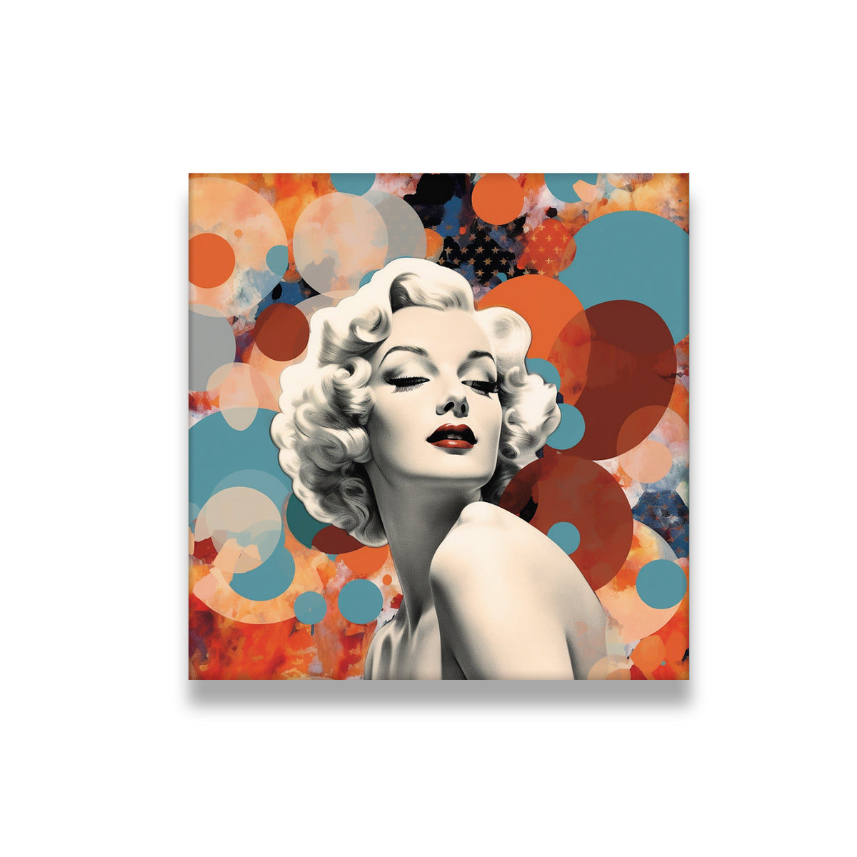 Marilyn Monroe pop art collage canvas wall art with teal and orange circle backdrop, front view