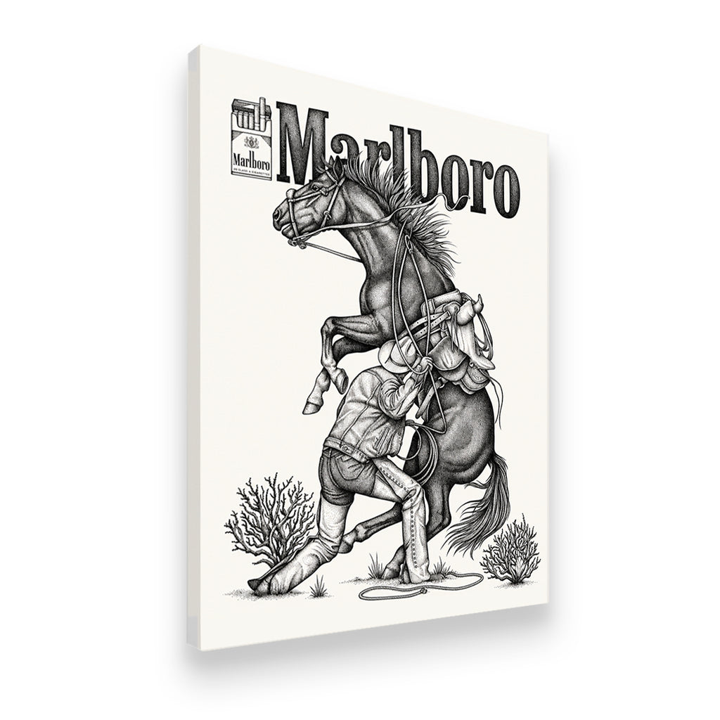 Marlboro cowboy and rearing horse vintage ad canvas wall art — angled gallery-wrap view showing depth