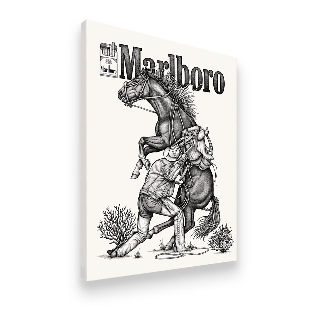 Marlboro cowboy and rearing horse vintage ad canvas wall art — angled gallery-wrap view showing depth