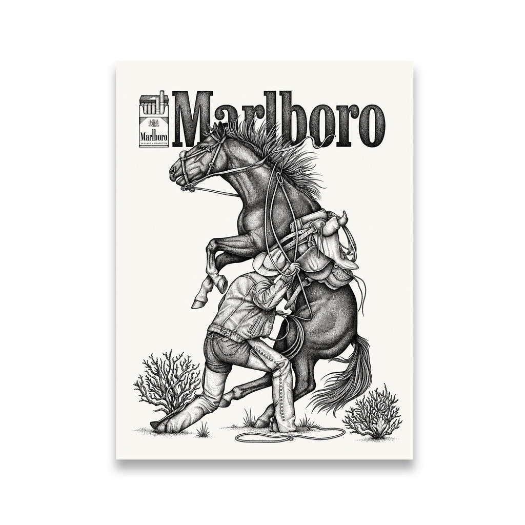 Marlboro cowboy and rearing horse black and white stipple illustration canvas wall art — flat front view